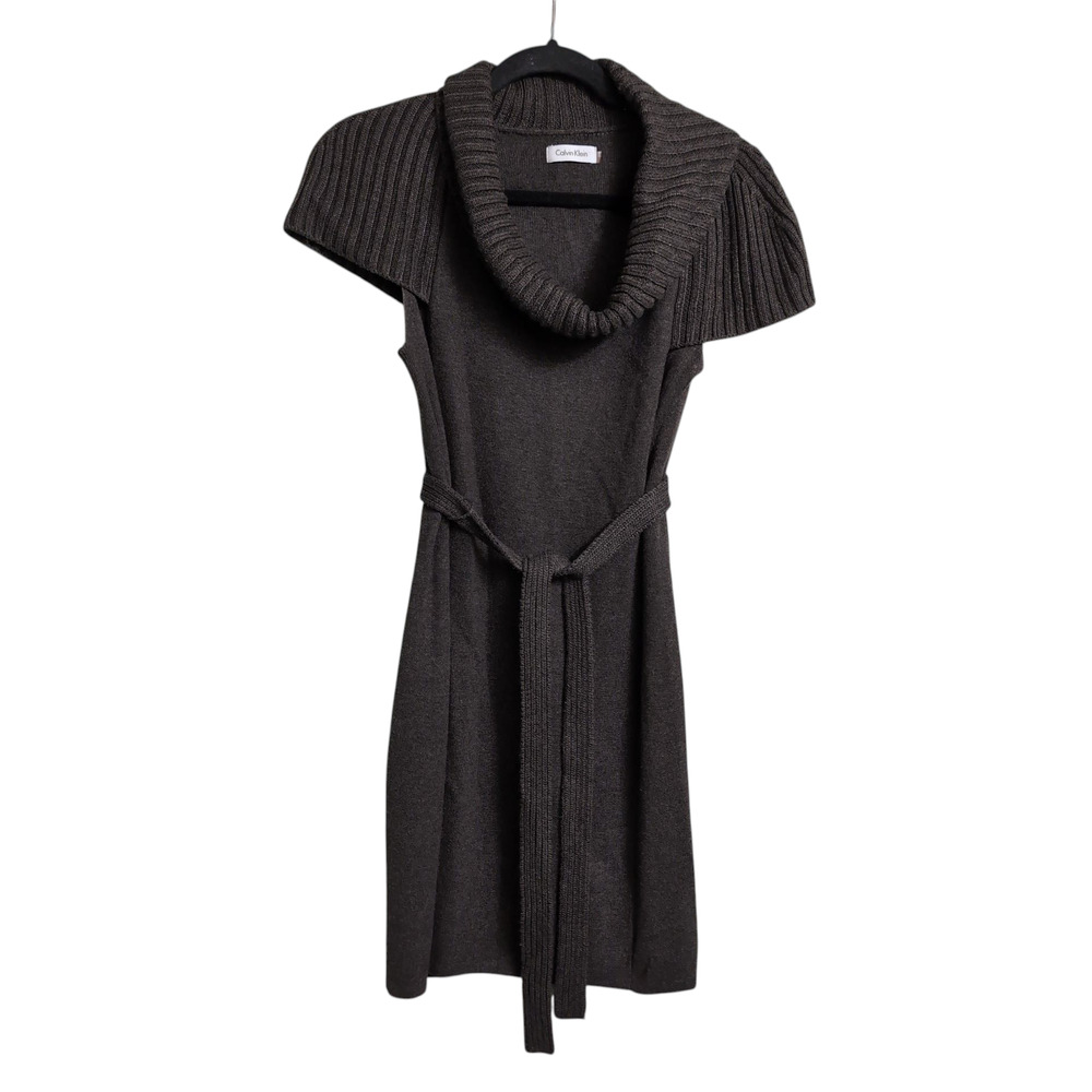 CALVIN KLEIN Brown Knit Sweater Dress S (est.) Cowl Neck Short Sleeve Academia